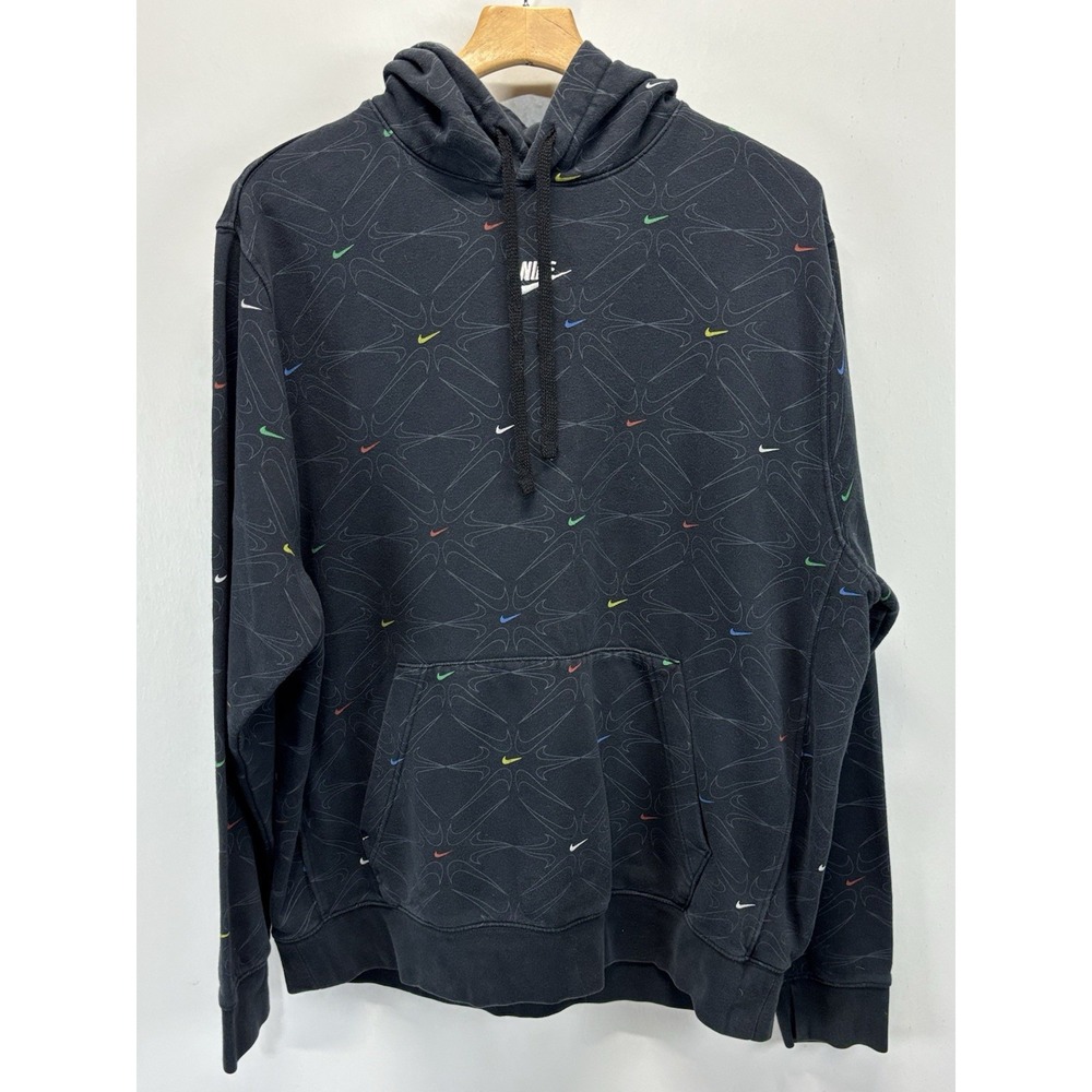 Nike AOP Gel Fleece Pullover Hoodie Sweatshirt Men XLT Tall Black Allover Logo